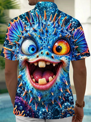 Adaychic Men's Hawaiian Funny Puffer Fish With Bubbles Print Short Sleeve Shirt with Chest Pocket