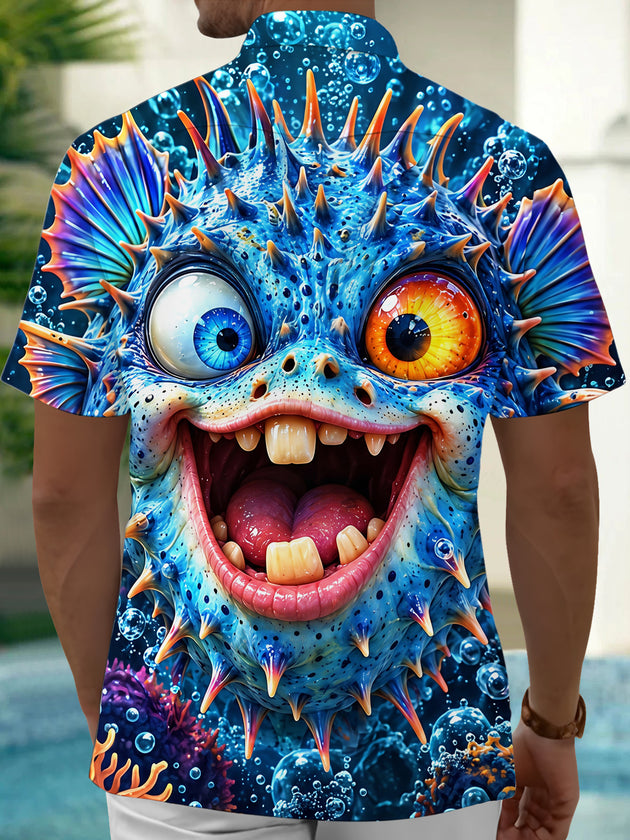 Adaychic Men's Hawaiian Funny Puffer Fish With Bubbles Print Short Sleeve Shirt with Chest Pocket