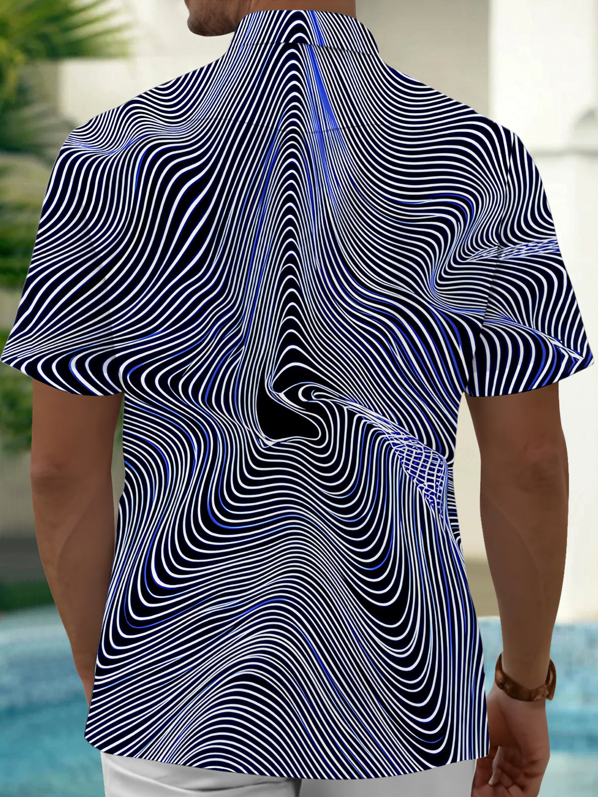 Adaychic Men's Abstract Abstract Wavy Geometric Lines Print Short Sleeve Shirt with Chest Pocket