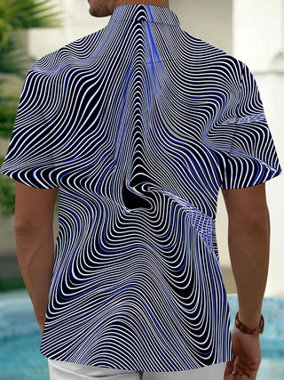 Adaychic Men's Abstract Abstract Wavy Geometric Lines Print Short Sleeve Shirt with Chest Pocket