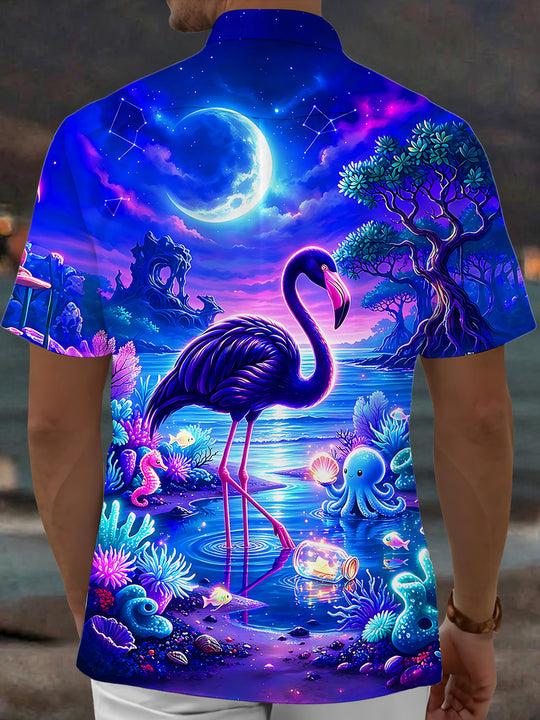 Adaychic Men's Short Sleeve Shirt - Purple Flamingo And Underwater Fantasy Scene Print with Chest Pocket