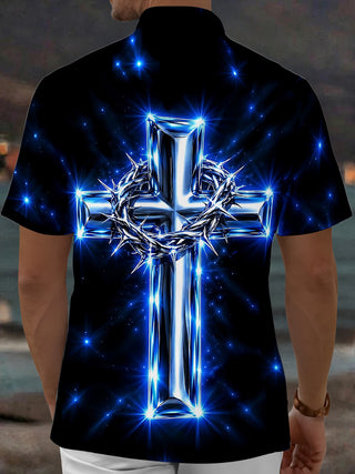 Adaychic Men's Glowing Blue Cross And Crown Of Thorns Print Short Sleeve Shirt with Chest Pocket