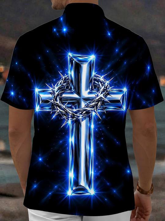 Adaychic Men's Glowing Blue Cross And Crown Of Thorns Print Short Sleeve Shirt with Chest Pocket