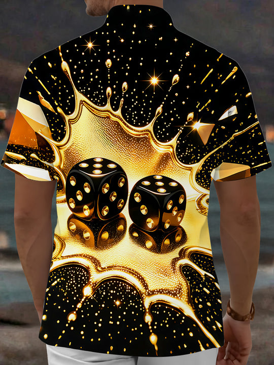 Adaychic Men's Printed Gold Dice Splash Print Short Sleeve Shirt with Chest Pocket