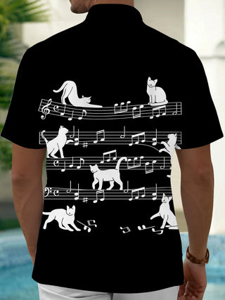 Adaychic Men's Graphic Cat On Musical Staff Print Short Sleeve Shirt with Chest Pocket