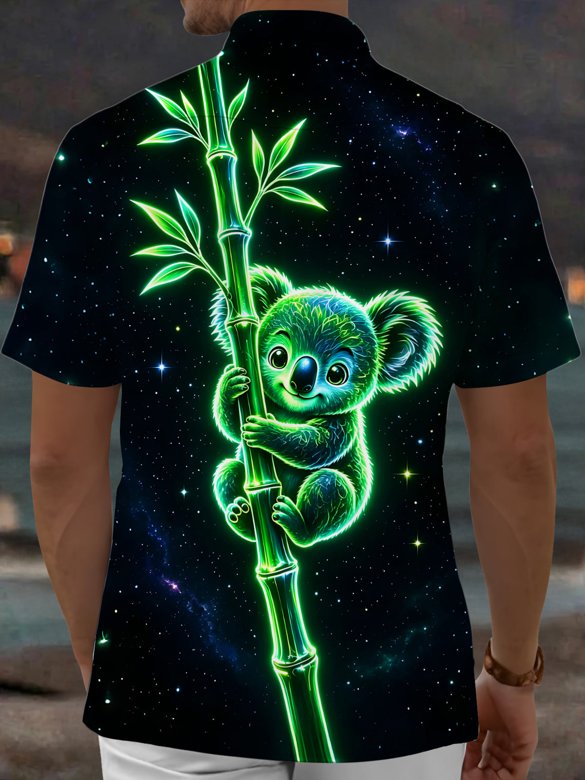 Adaychic Men's Graphic Neon Koala Print Bamboo Print Short Sleeve Shirt with Chest Pocket