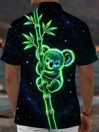 Adaychic Men's Graphic Neon Koala Print Bamboo Print Short Sleeve Shirt with Chest Pocket