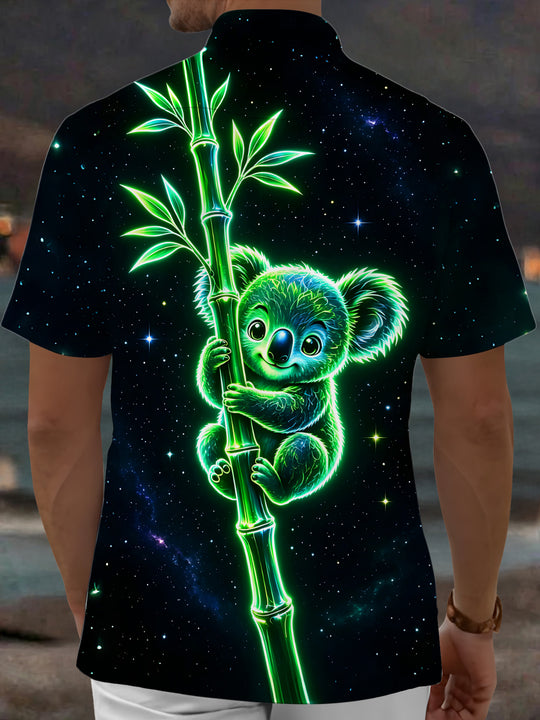 Adaychic Men's Graphic Neon Koala Print Bamboo Print Short Sleeve Shirt with Chest Pocket