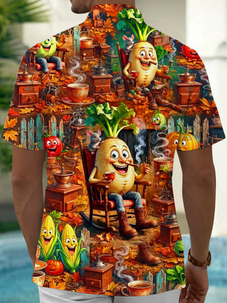 Adaychic Men's Cartoon Vegetables And Coffee Party Print Short Sleeve Shirt with Chest Pocket