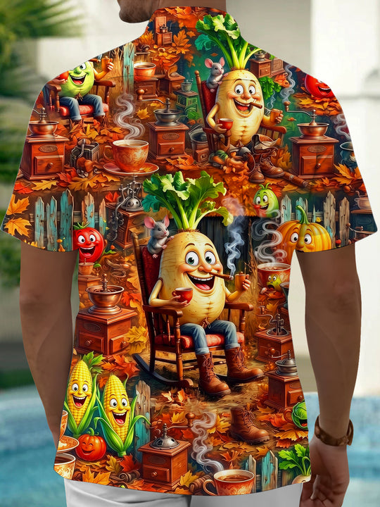 Adaychic Men's Cartoon Vegetables And Coffee Party Print Short Sleeve Shirt with Chest Pocket