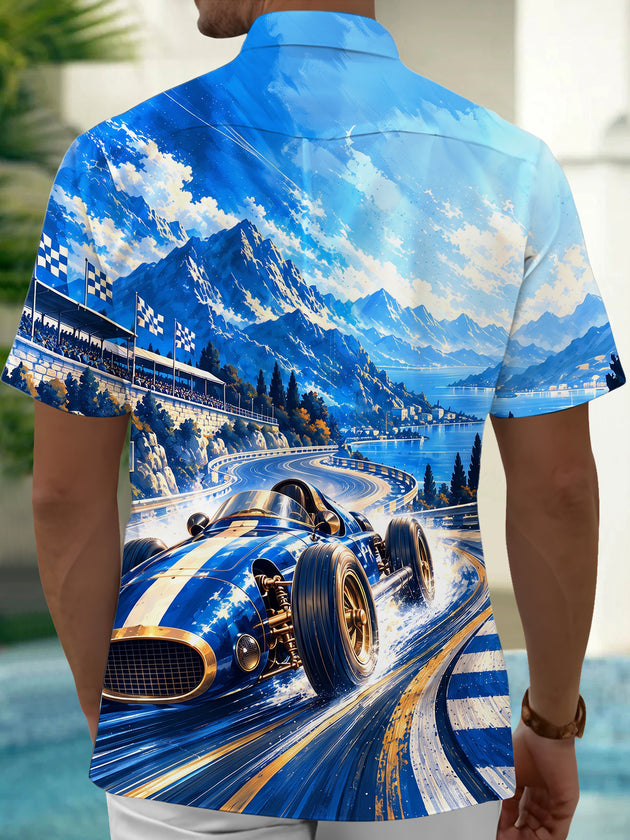Adaychic Men's Vintage Racing Car On Mountain Track Print Short Sleeve Shirt with Chest Pocket