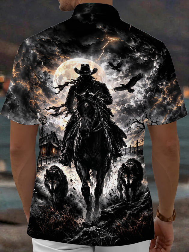 Adaychic Men's Short Sleeve Shirt - Halloween Dark Fantasy Landscape Print Cowboy On Horseback With Wolves And Crows Print