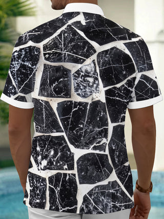 Adaychic Men's Patterned Black And White Marble Crack Print Short Sleeve Shirt with Chest Pocket