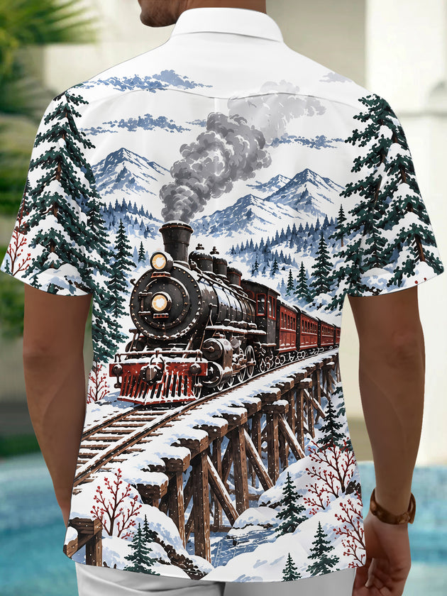 Adaychic Men's Short Sleeve Shirt - Vintage Steam Train In Snowy Mountain Landscape Print with Chest Pocket