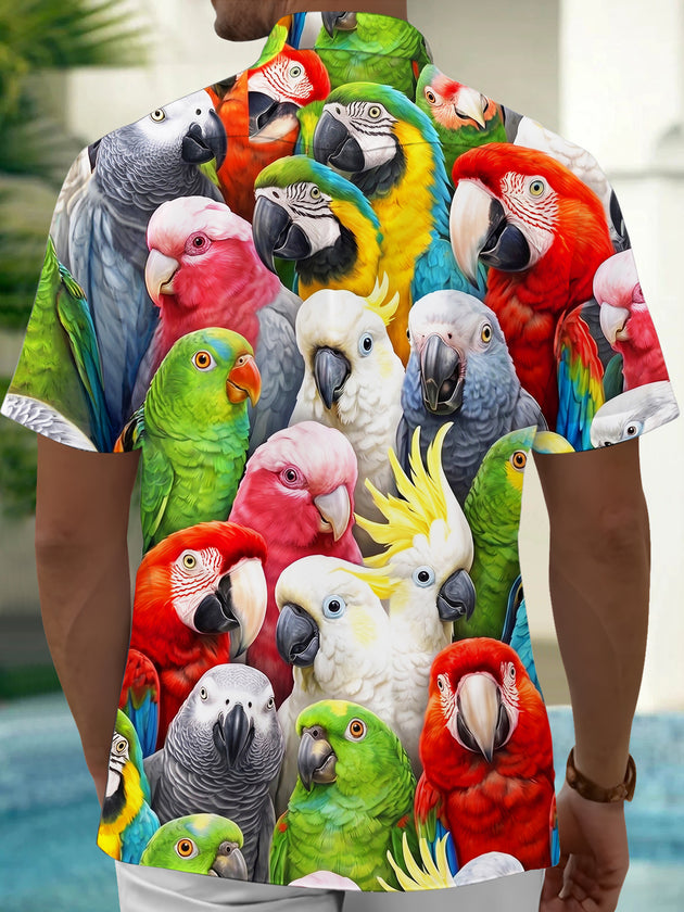 Adaychic Men's Hawaiian Colorful Parrots And Cockatoos Print Short Sleeve Shirt with Chest Pocket