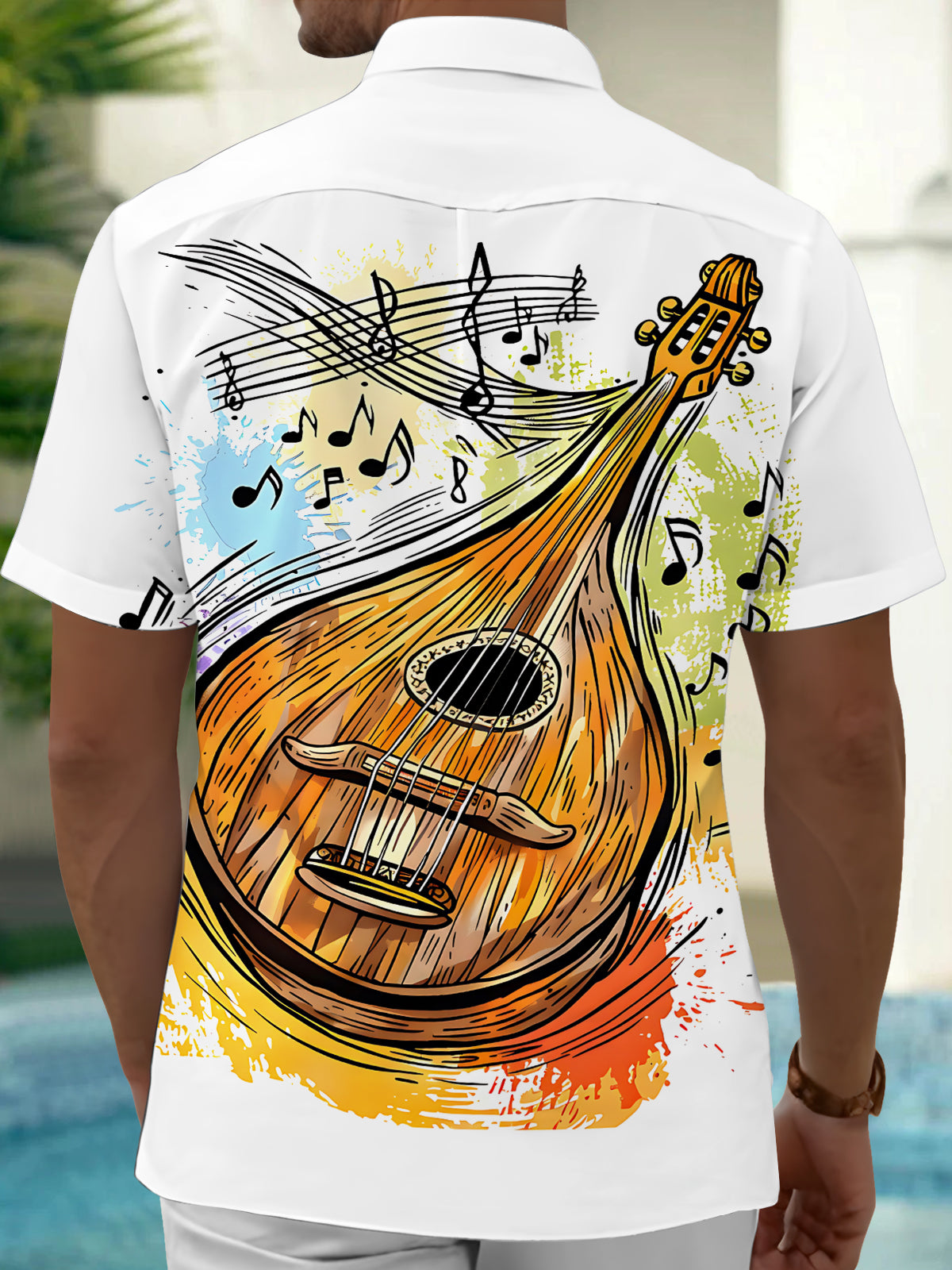 Adaychic Men's Graphic Mandolin Instrument Print Short Sleeve Shirt with Chest Pocket