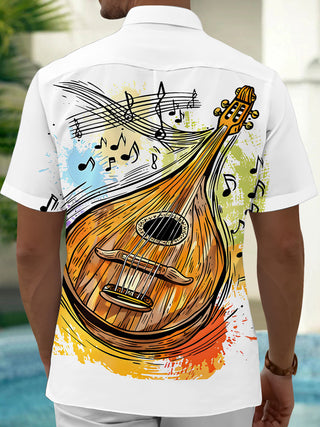 Adaychic Men's Graphic Mandolin Instrument Print Short Sleeve Shirt with Chest Pocket