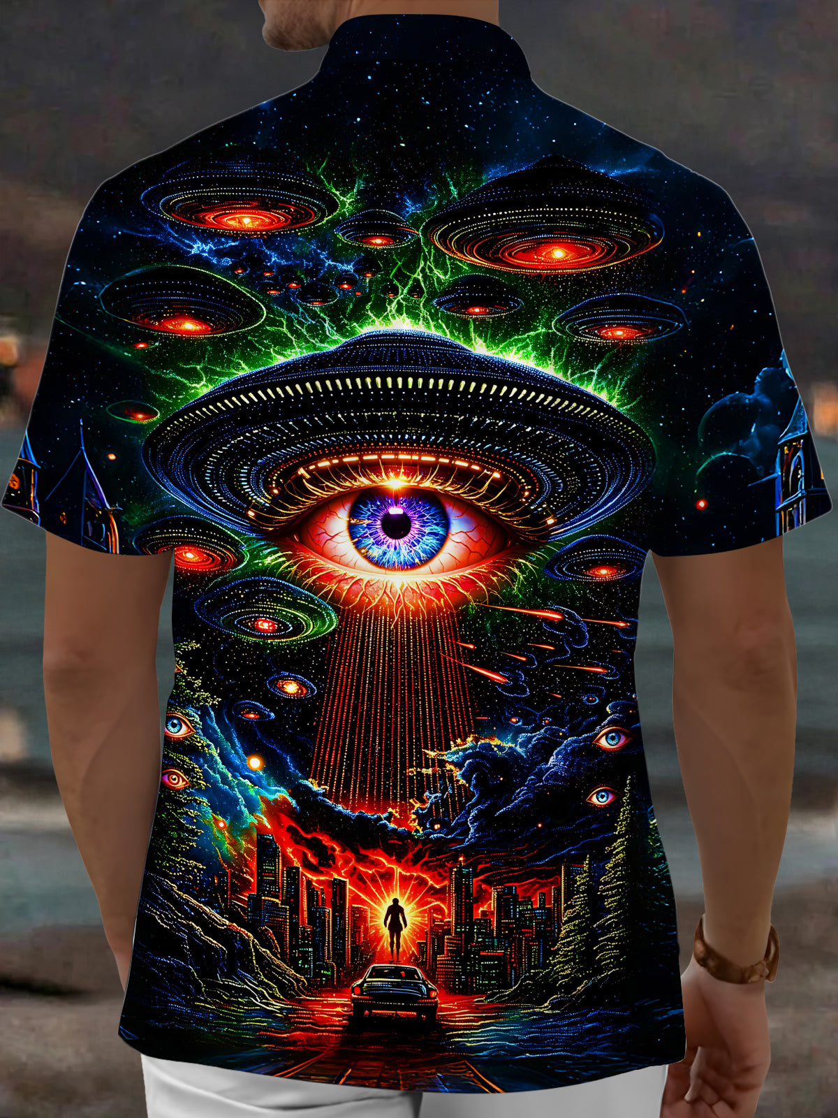 Adaychic Men's Graphic UFO All-seeing Eye Print Short Sleeve Shirt with Chest Pocket