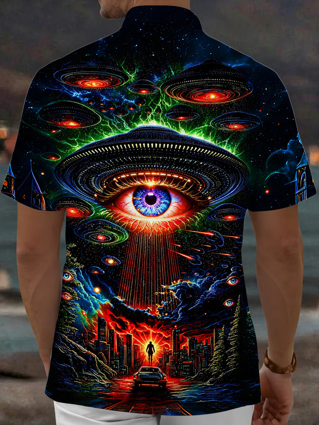 Adaychic Men's Graphic UFO All-seeing Eye Print Short Sleeve Shirt with Chest Pocket