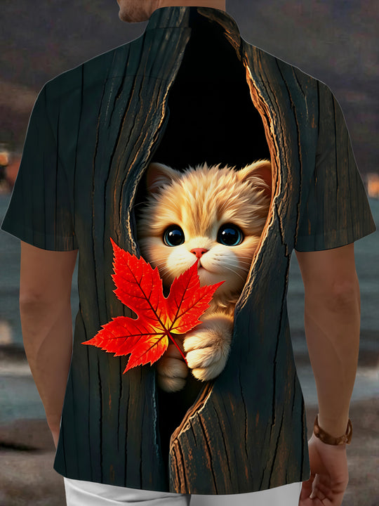 Adaychic Men's Graphic Kitten In Tree Hole Print Short Sleeve Shirt with Chest Pocket