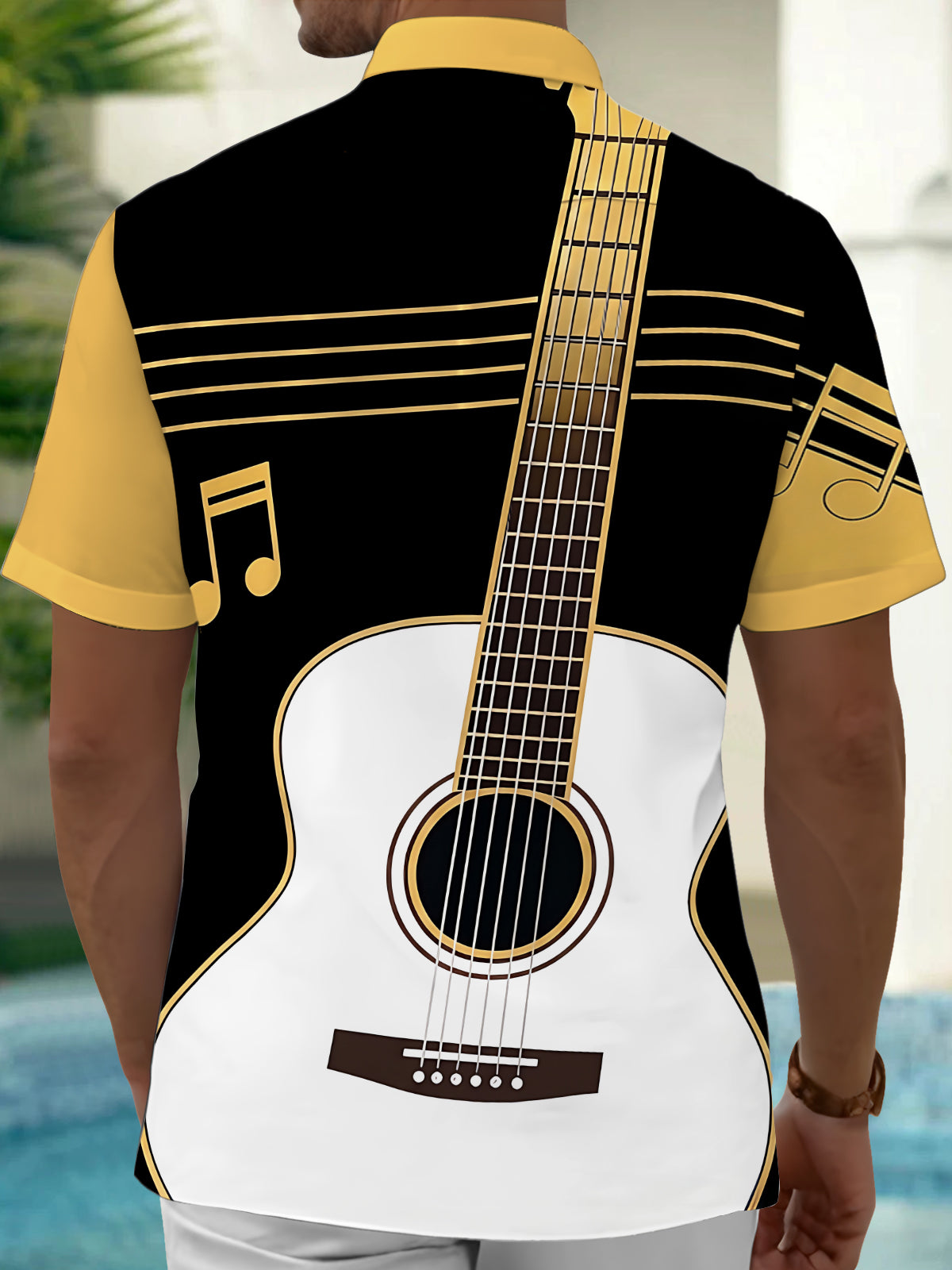 Adaychic Men's Graphic Guitar Print Musical Notes Print Short Sleeve Shirt with Chest Pocket