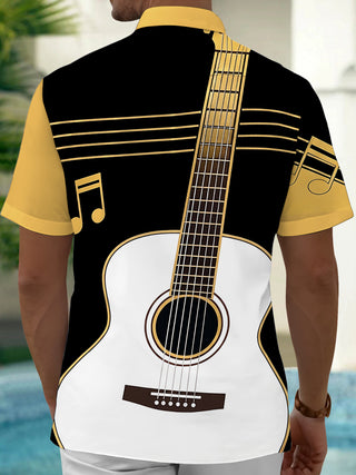 Adaychic Men's Graphic Guitar Print Musical Notes Print Short Sleeve Shirt with Chest Pocket