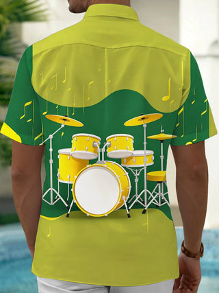 Adaychic Men's Hawaiian Drum Set Print Musical Notes Print Short Sleeve Shirt with Chest Pocket
