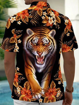 Adaychic Men's Hawaiian Tiger Face Print Short Sleeve Shirt with Chest Pocket