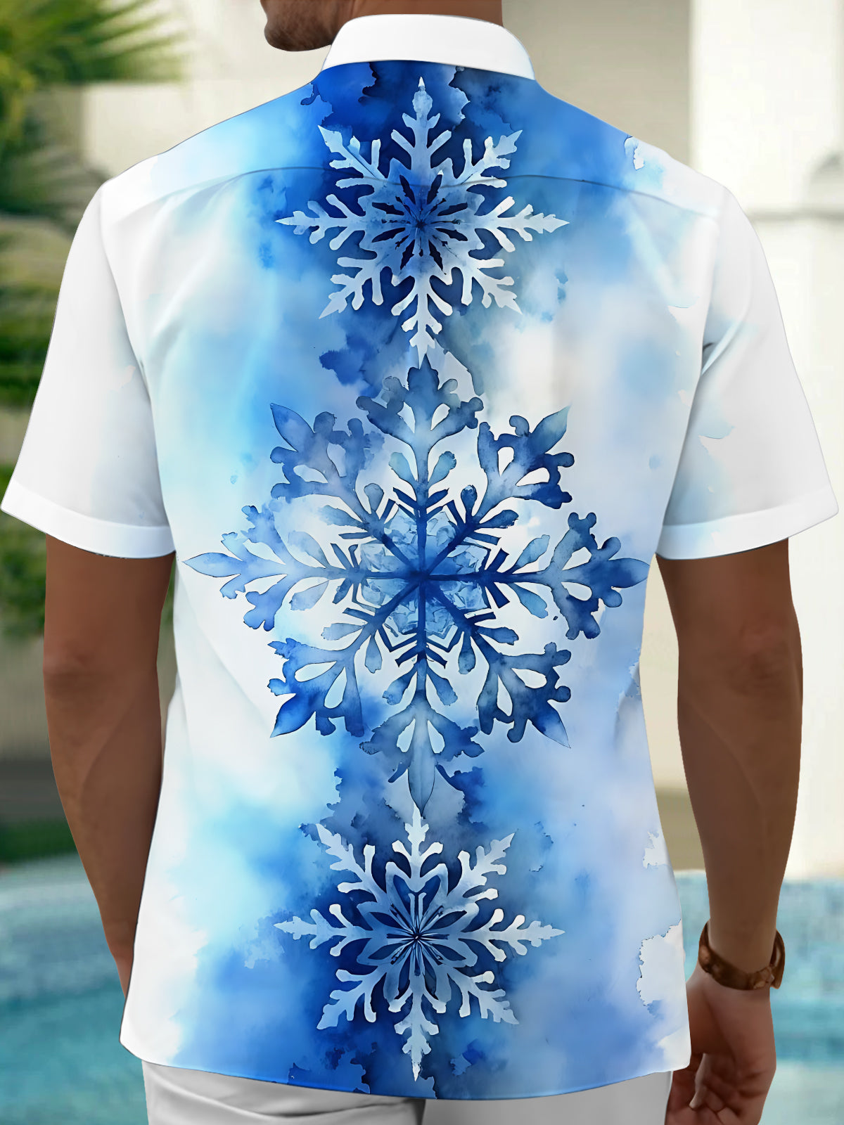 Adaychic Men's Printed Watercolor Snowflake Print Short Sleeve Shirt with Chest Pocket
