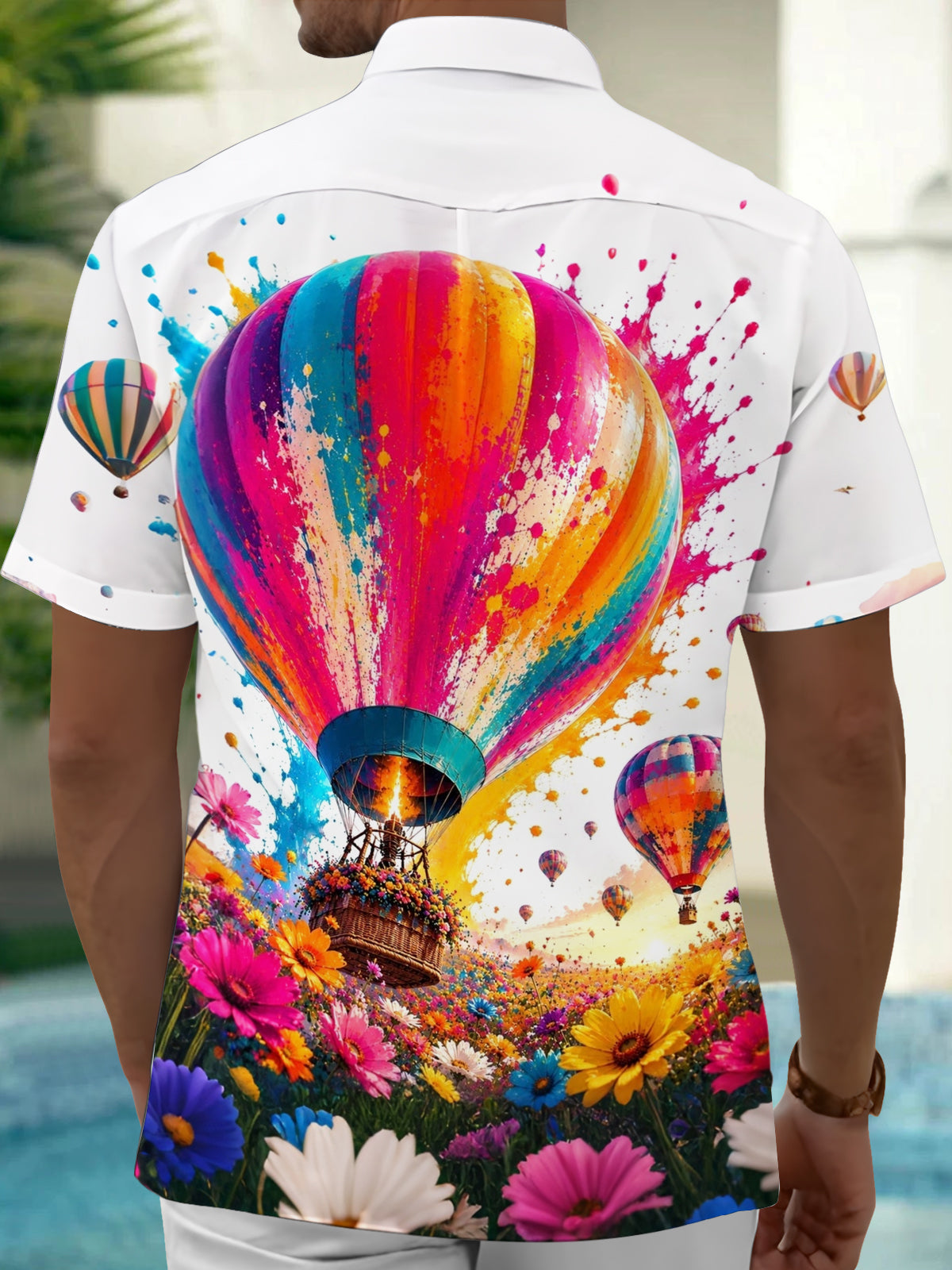 Adaychic Men's Hawaiian Colorful Hot Air Balloon Print Short Sleeve Shirt with Chest Pocket