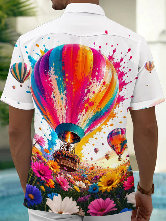 Adaychic Men's Hawaiian Colorful Hot Air Balloon Print Short Sleeve Shirt with Chest Pocket
