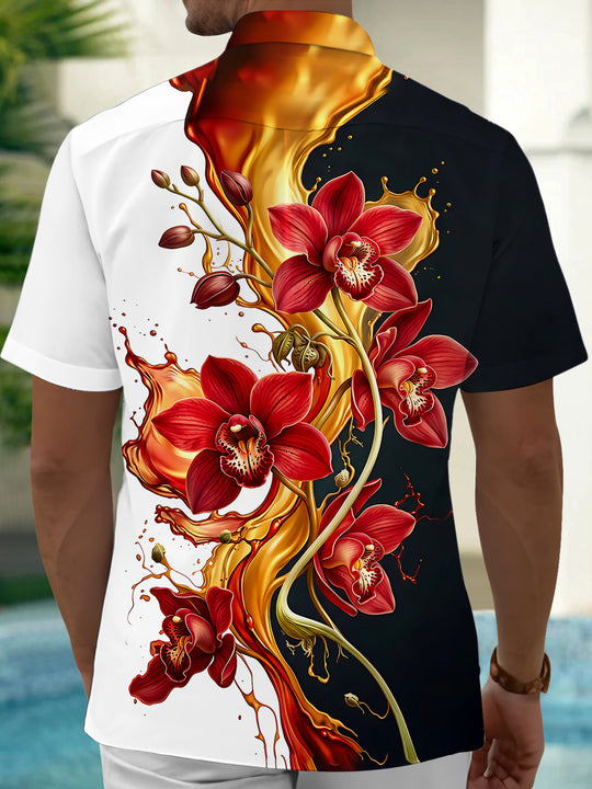 Adaychic Men's Floral Red Orchid Flowers Print Short Sleeve Shirt with Chest Pocket