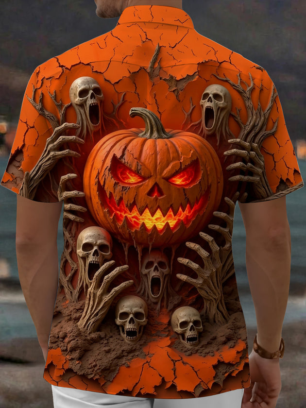 Adaychic Men's Halloween Jack-o-lantern And Skulls Print Short Sleeve Shirt with Chest Pocket