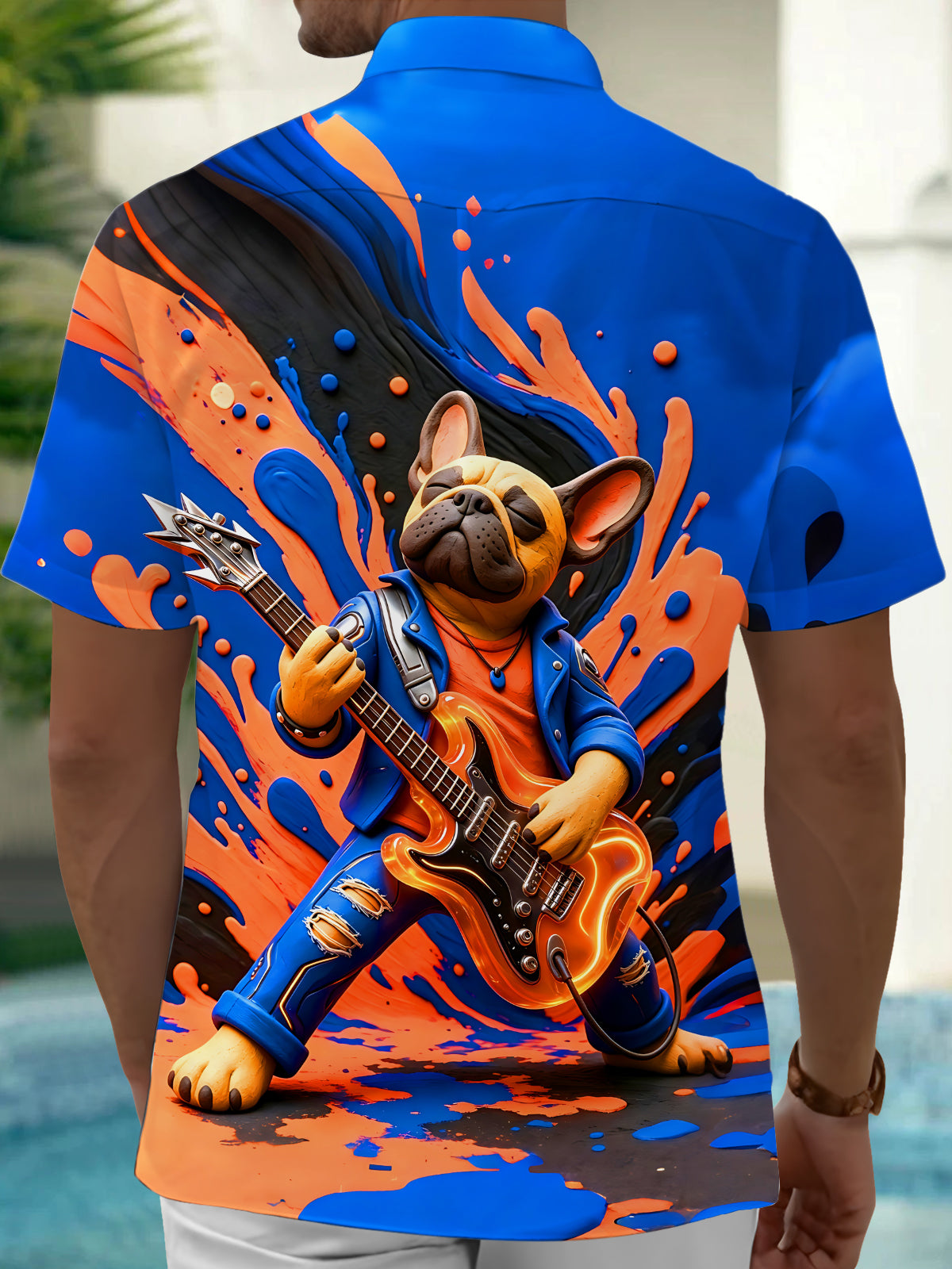 Adaychic Men's Graphic French Bulldog Guitarist Print Short Sleeve Shirt with Chest Pocket