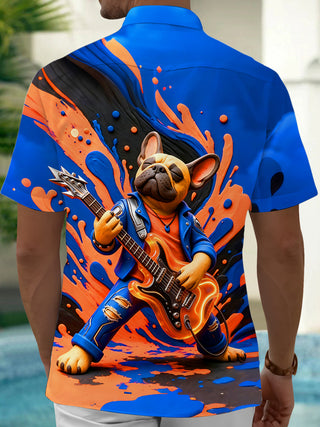 Adaychic Men's Graphic French Bulldog Guitarist Print Short Sleeve Shirt with Chest Pocket