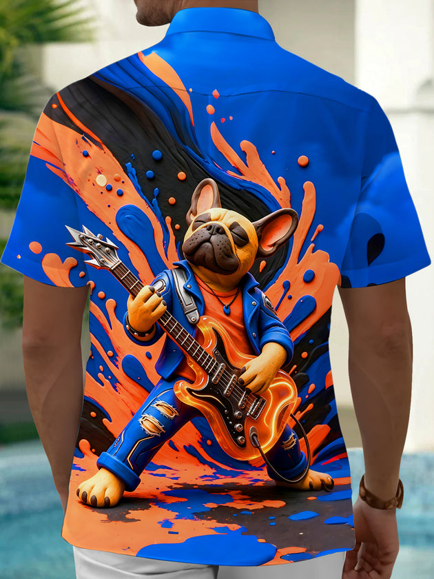 Adaychic Men's Graphic French Bulldog Guitarist Print Short Sleeve Shirt with Chest Pocket