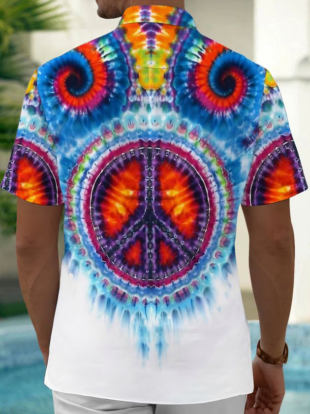 Adaychic Men's Graphic Peace Sign Print Tie Dye Spiral Print Short Sleeve Shirt with Chest Pocket