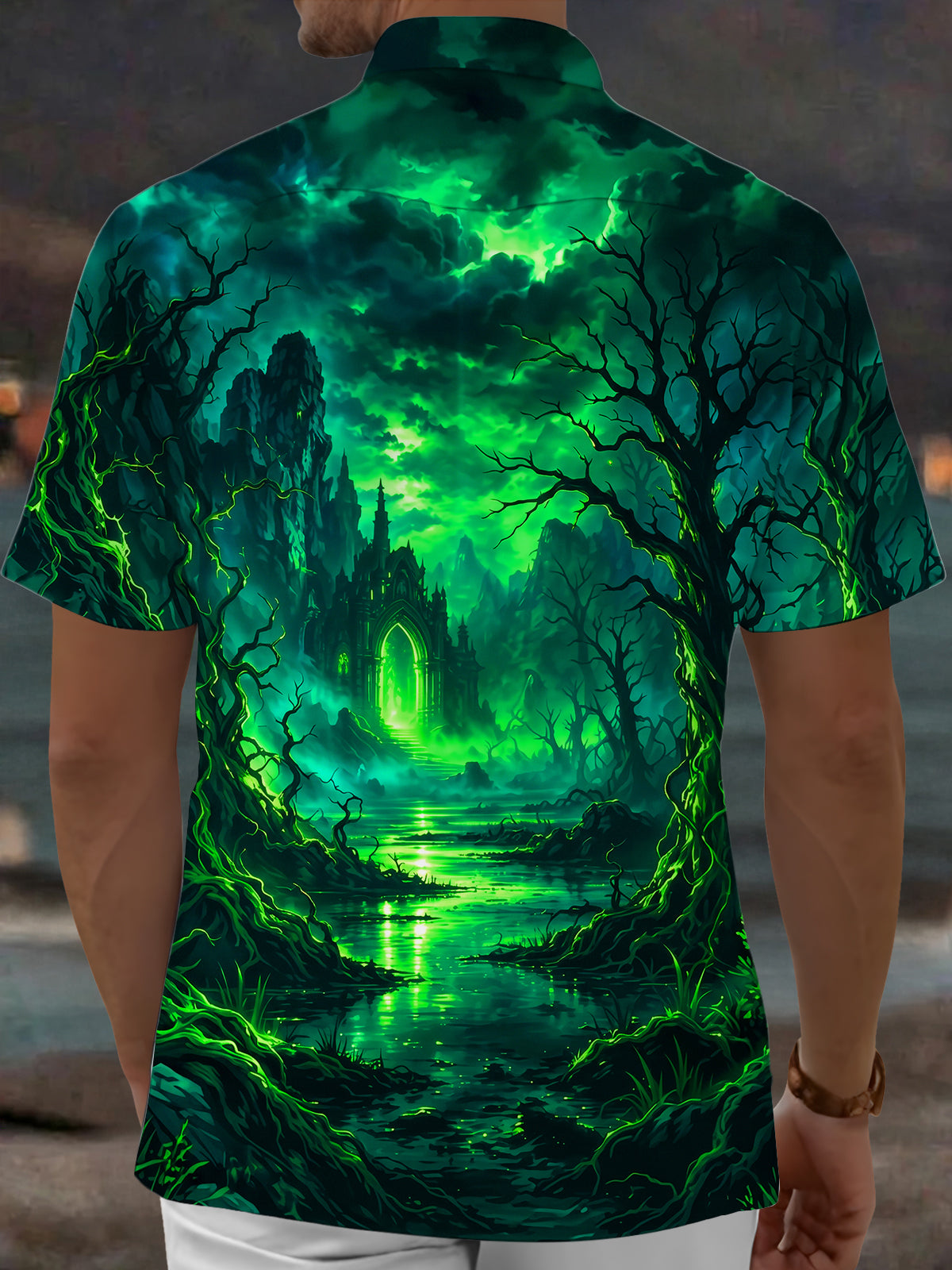 Adaychic Men's Printed Fantasy Castle And Dark Forest Print Short Sleeve Shirt with Chest Pocket