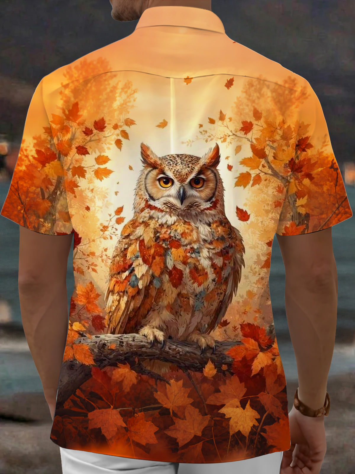 Adaychic Men's Graphic Autumn Owl Print Maple Leaves Print Short Sleeve Shirt with Chest Pocket