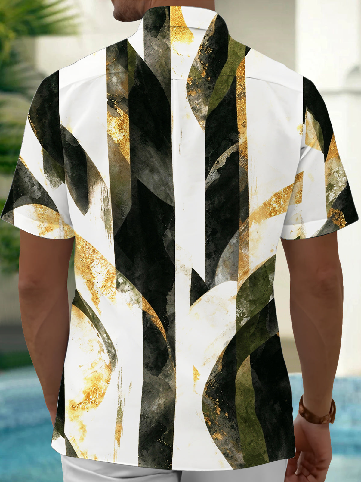 Adaychic Men's Abstract Gold Foil Geometric Shapes Print Short Sleeve Shirt with Chest Pocket