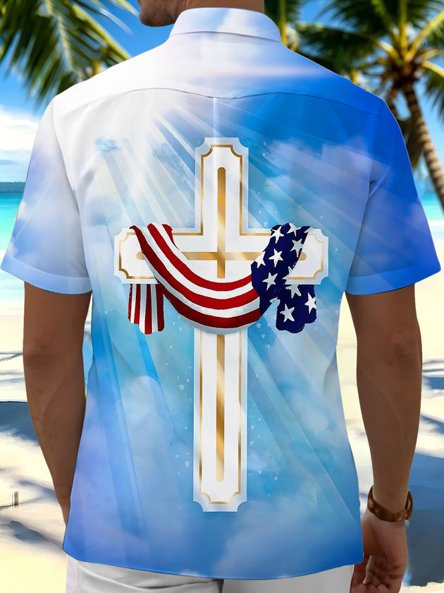 Christianity Cross American Flag Men's Pocket Short Sleeve Shirts