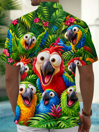 Tropical Parrot Plant Print Men's Pocket Short Sleeve Shirts