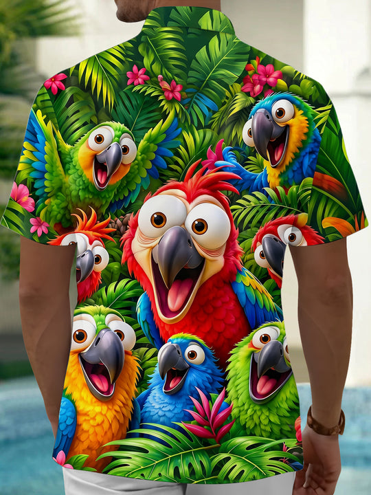 Tropical Parrot Plant Print Men's Pocket Short Sleeve Shirts