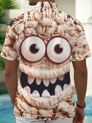 Adaychic Men's Graphic 3D Knitted Monster Face Print Short Sleeve Button Down Shirt with Chest Pocket