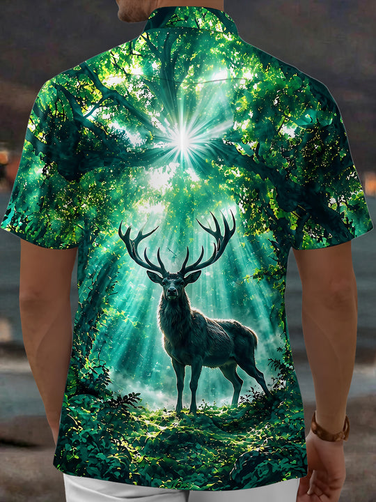 Adaychic Men's Hawaiian Deer In Forest With Sunbeams Print Short Sleeve Shirt with Chest Pocket