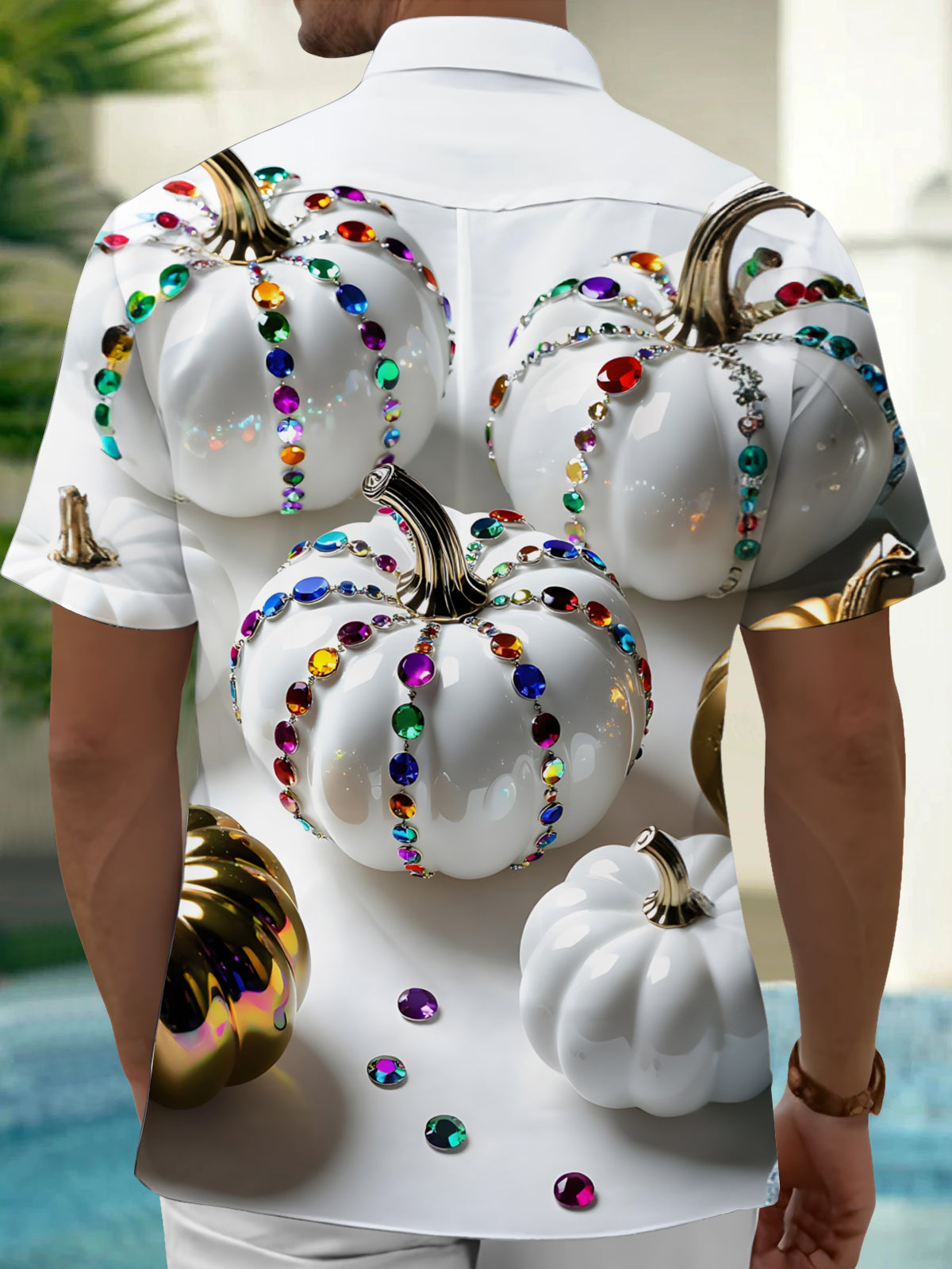 Adaychic Men's Printed White Pumpkin With Gemstones Print Short Sleeve Shirt with Chest Pocket
