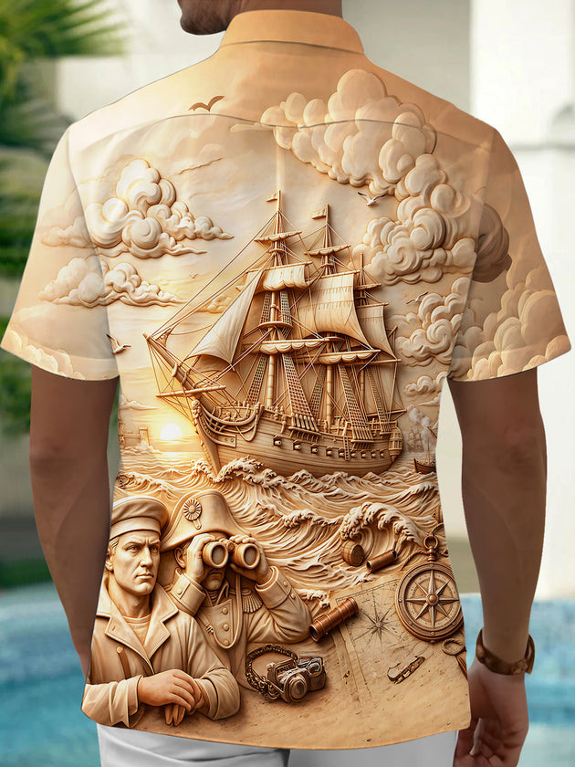 Adaychic Men's Short Sleeve Shirt - Vintage Military Soldier And Sailing Ship Relief Print with Chest Pocket