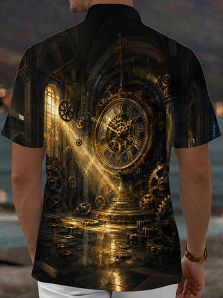 Adaychic Men's Vintage Style Steampunk Clock Print Short Sleeve Shirt with Chest Pocket