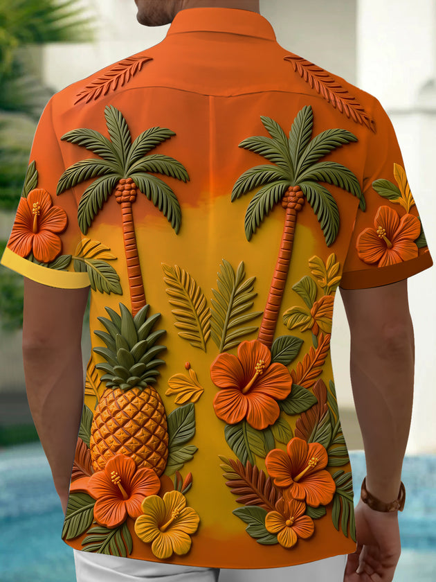 Adaychic Men's Hawaiian Palm Trees And Pineapples Print Short Sleeve Shirt with Chest Pocket