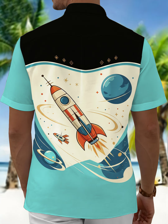 Adaychic Men's Vintage Style Retro Rocket Print Short Sleeve Shirt with Chest Pocket